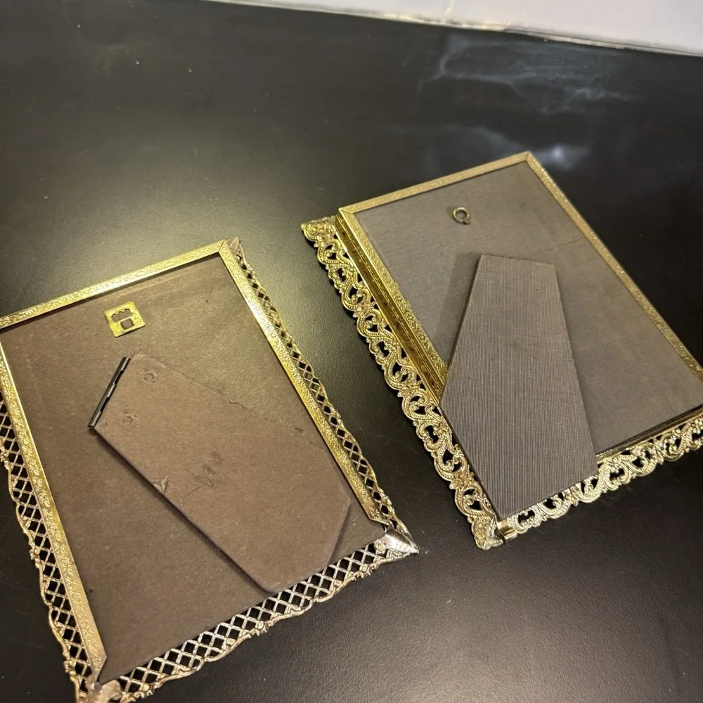 2 Vintage Fancy Gold Metal Filigree Ornate Picture Frame 5 X 7 with Clear Glass
